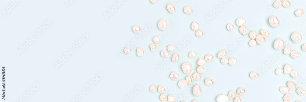 Banner with white pearl beads scattered on a blue background. Needlecraft concept.