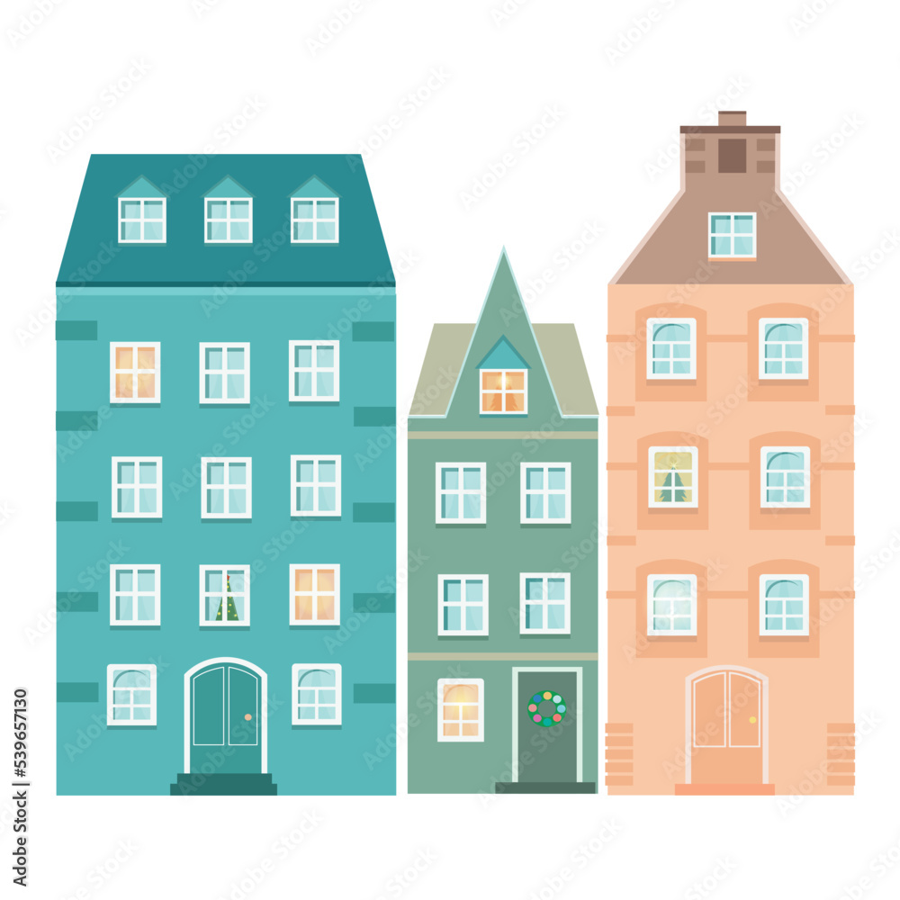 A set of 3 cartoon facades of houses. Colorful flat isolated illustrations. A row of colored houses, vector illustration