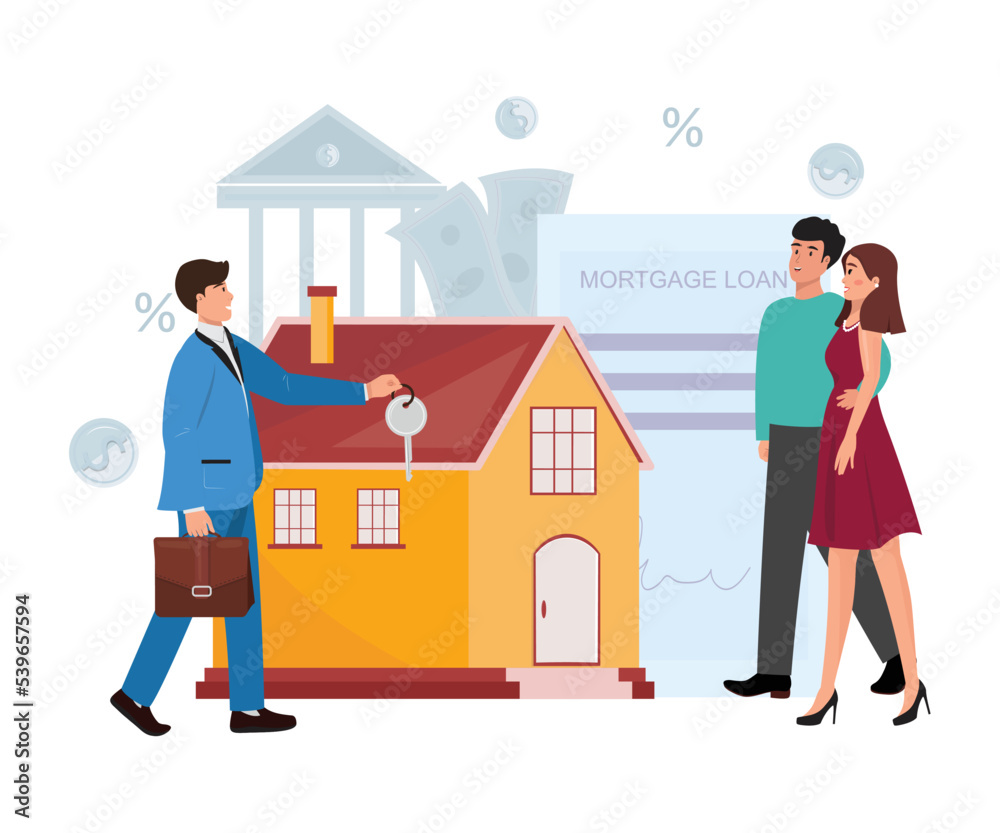 Vector flat cartoon illustration with an estate agent giving a house key to the young happy family. Vector flat cartoon illustration with an estate agent giving a house key to the young happy family.