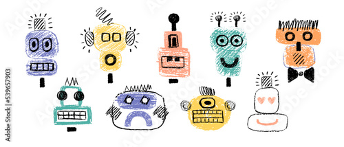 Simple robots drawings. Geometric faces, characters. Childish style cute characters with emotions.