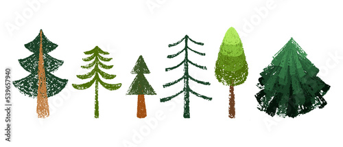 Set of hand drawn trees with rough chalk texture. Spruce, pine, forest collection.