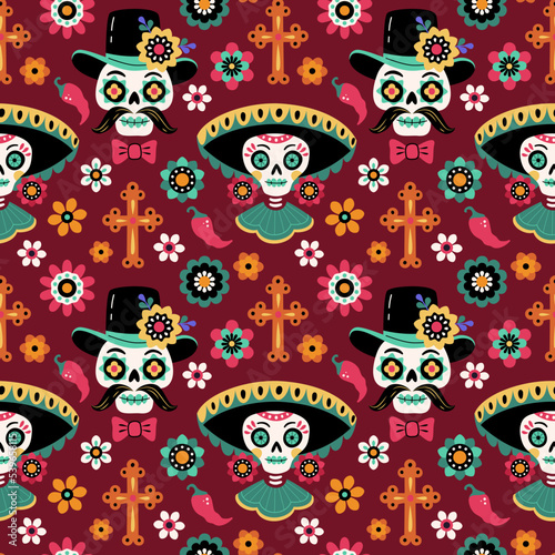 Dia de los Muertos pattern. Vector cartoon seamless pattern with Mexican traditional festive characters: La Catrina and caballero, surrounded by crosses and flowers. Isolated on dark background