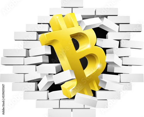 A bitcoin sign breaking a brick wall concept