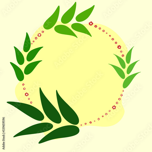 Round frame on a yellow background of green leaves and flowers