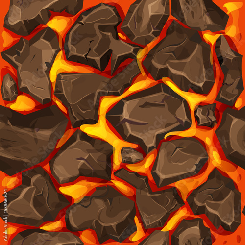 Lava, magma with stones in cartoon style seamless pattern background. Eruption effect, landscape. Texture, design