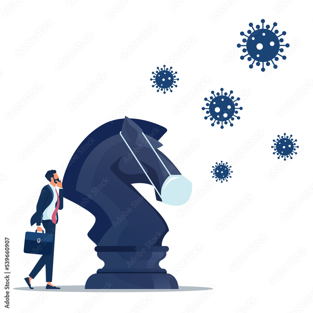 Businessman with knight chess to fight with Coronavirus pathogen, Solution or idea to pass Coronavirus COVID-19 pandemic Businessman with knight chess to fight with Coronavirus pathogen, Solution or idea to pass Coronavirus COVID-19 pandemic