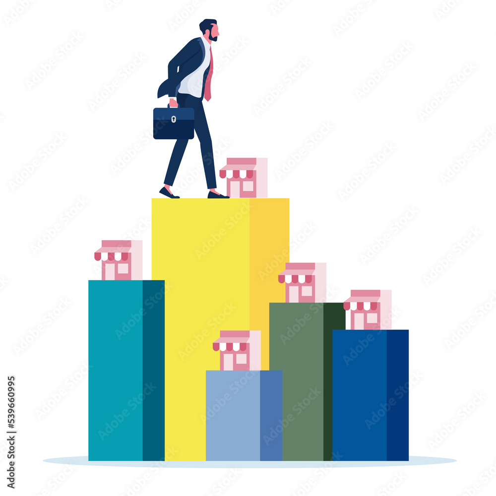 Businessman on top of successful franchise. Franchise, trading network Concept Businessman on top of successful franchise. Franchise, trading network Concept