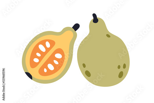 Guava half, cut tropical fruit. Exotic fresh food cross-section, piece with r...