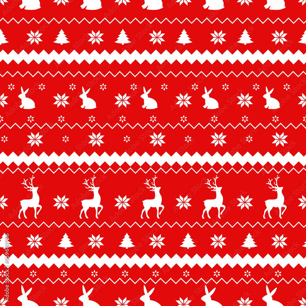 Winter festive Christmas knitted pattern woolen knitted 2023. Rabbits and deers with Norwegian ornaments seamless pattern.