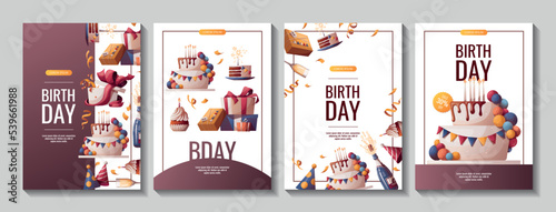 Set of Birthday promo sale banners with cake, champagne, cupcake, gifts, caps, confetti. Birthday party, celebration, holiday, event, festive concept. Vector illustration. Banner, flyer, advertising.