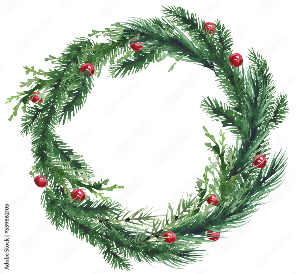 Christmas fir tree and red balls wreath Christmas frame. Cut out hand ...