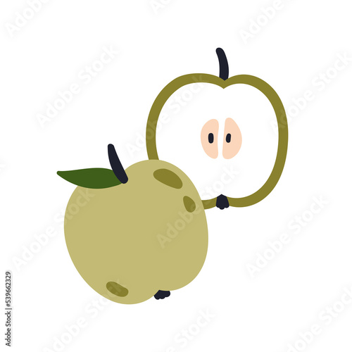 Apple, cut half. Fruit cross section with seeds, fresh flesh, stem and leaf. Healthy vitamin food piece. Organic ripe eating. Flat vector illustration isolated on white background