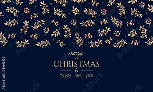 Elegant background for christmas and new year. Modern creative universal template with floral ornament and berries. Vector illustration. 