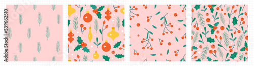 Christmas floral seamless pattern collection. Cute flat berry, fir, bauble and mistletoe backgrounds for wrapping paper and other Xmas design. Sparkling festive wallpapers for New Year celebration.