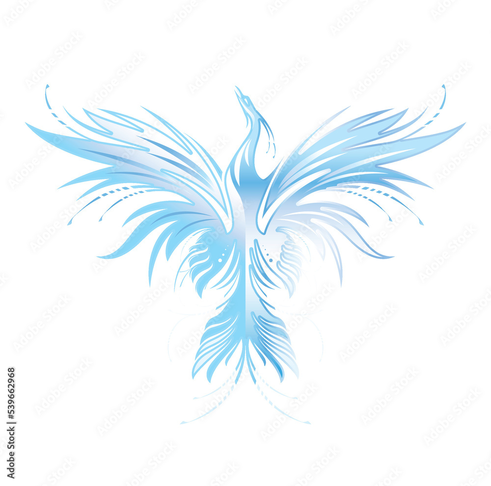 Magic ice Phoenix silhouette on transparent background. Illustration template for print, fantasy poster, mascot, emblem, hope revival concept	
