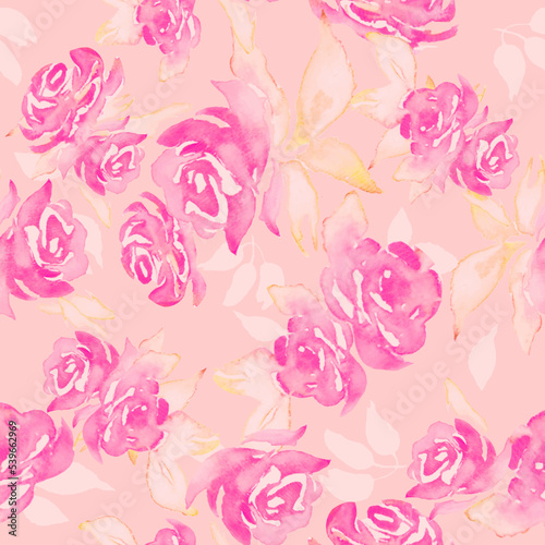 Watercolor floral seamless pattern with pink roses, leaves. Hand drawn flowers illustration isolated on pastel background. For packaging, wallpaper, wrapping design or print