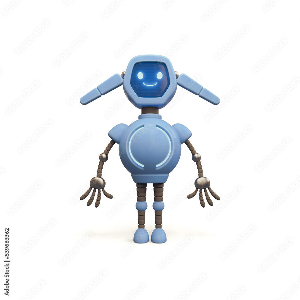 Friendly positive little blue robot with glowing smiling face on screen, eyes, ears. Customer support service. Lovely Robotic Toy. Funny personal assistant robot. 3d render isolated on white backdrop. Friendly positive little blue robot with glowing smiling face on screen, eyes, ears. Customer support service. Lovely Robotic Toy. Funny personal assistant robot. 3d render isolated on white backdrop.