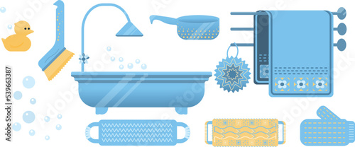 Vector illustration of a bathroom nterior items in a flat style for stickers, decor, illustrations