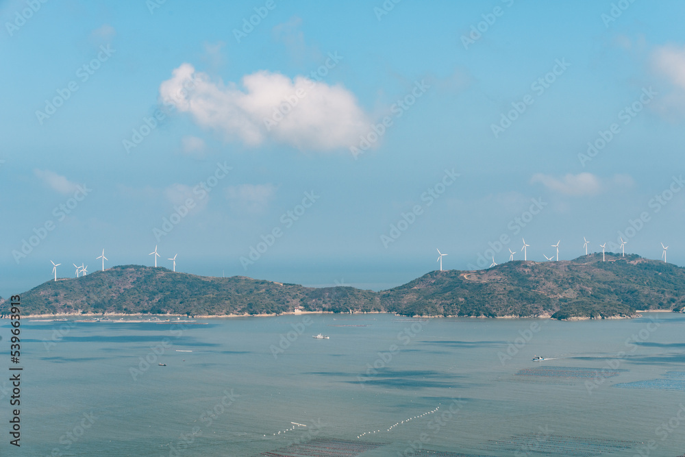 Wind Turbines, Hills, Island, Ships on the Pacific Ocean, Xiaguan Village, Cangnan County, Wenzhou City, Zhejiang Province, China