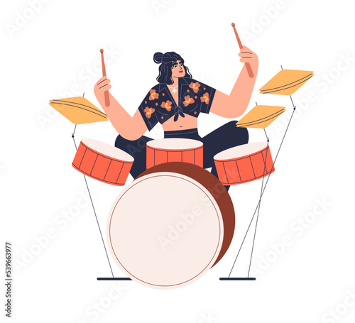 Drummer musician playing modern music at drum kit. Girl player, solo performer with drumsticks performing on percussion instrument with cymbals. Flat vector illustration isolated on white background