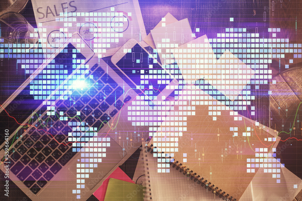 Business theme hologram drawings over computer on the desktop background. Top view. Multi exposure. Concept of international connections. Business theme hologram drawings over computer on the desktop background. Top view. Multi exposure. Concept of international connections.