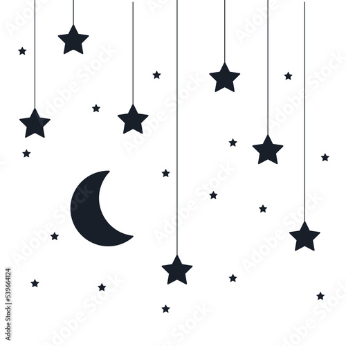 Illustration of the night sky on strings. Vector image of a month with stars. Space cartoon concept art. Space hangs by a thread. Time to sleep. Dream, astronomy, crescent, bedtime.