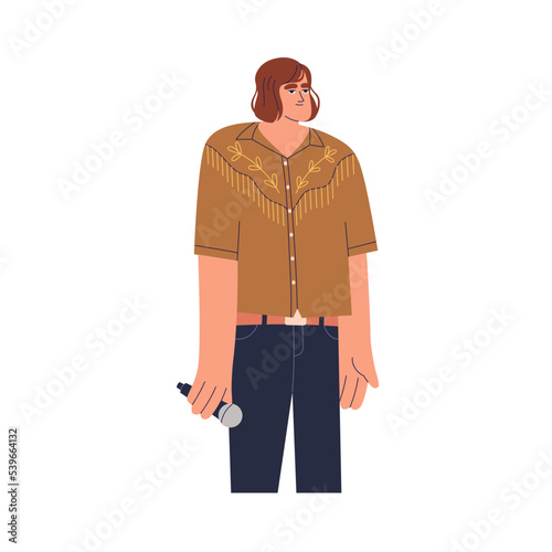 Singer standing with microphone in hand. Man vocalist in indie style. Vocal a...