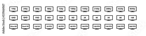 HD icon. Screen resolution vector symbol. Simple TV outline signs. Display quality icons set. Computer monitor blue web sign. Digital television, full frame, hight size image.