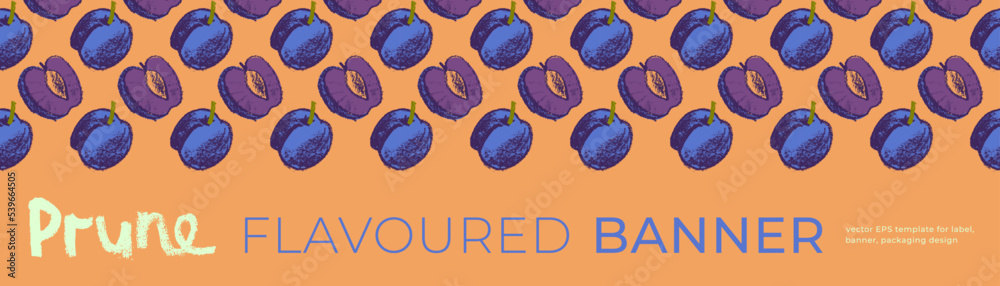 Prune Label Vector prune flavored banner for vegan banner, label backdrop. Hand ...