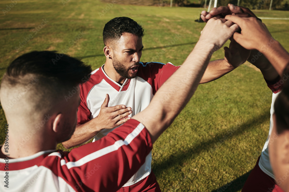 Obraz premium Team, men and soccer athlete hands to show sport community, support and success. Fitness, football and exercise training proud, motivation and hand sign of friends and players ready for teamwork