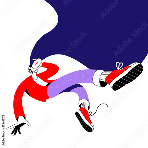 A young man in virtual reality glasses is levitating in the air. Vector illustration in a modern flat style on the theme of virtual reality and the metaverse.