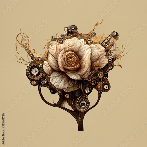 Rose Flower in Clockwork Mechnism Steampunk Style Illustration Retro Vintage Design Digital Art photo