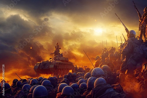 Wallpaper Mural A war tank and an army of infantry fighting on a wasteland battlefield at dawn