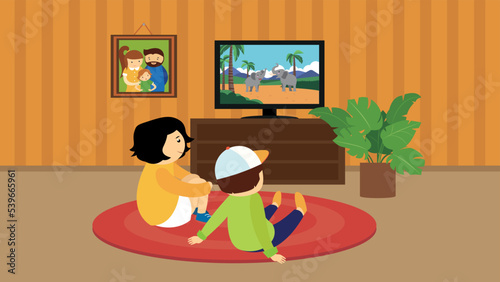 Children watch videos about animals on TV in the living room sitting on the rug