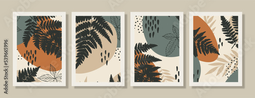 Botanical wall art vector set with ferns. Abstract Plant Art design for print, cover, wallpaper. Minimal and natural wall art. Vector illustration.
