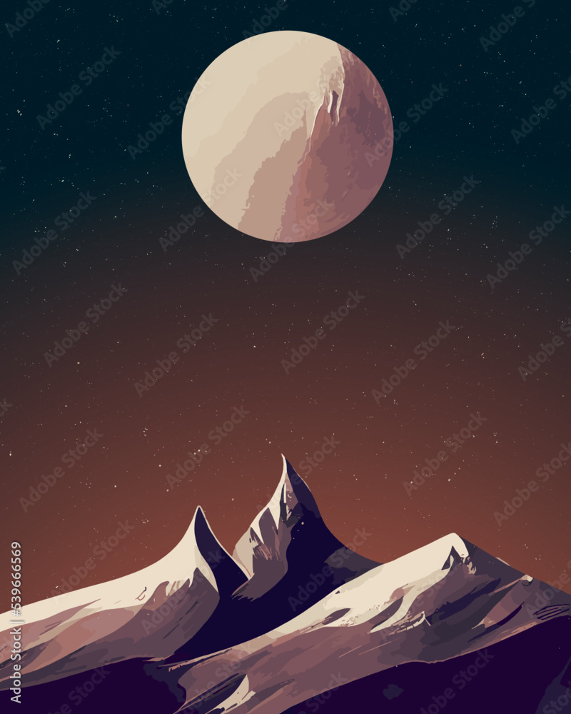 Obraz premium A retro themed space travel poster vector illustration with a large moon and mountains