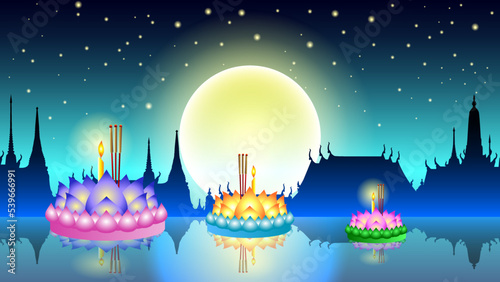 Loy Kratong Thailand festival - Lights traditional celebration full moon with floating lotus candles, temple midnight blue sky and river on night background vector illustration.