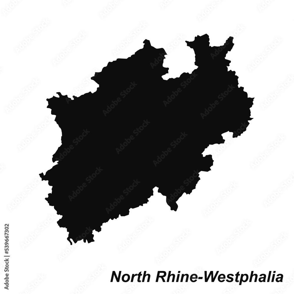 Vector high quality map of the German federal state of North Rhine-Westphalia - Black silhouette map isolated on white