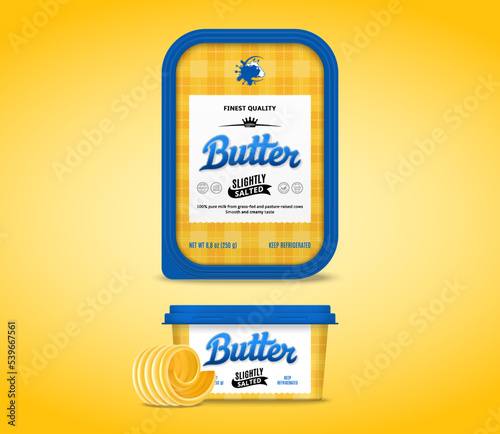 Butter package design. Plastic container mockup for butter, margarine or spread