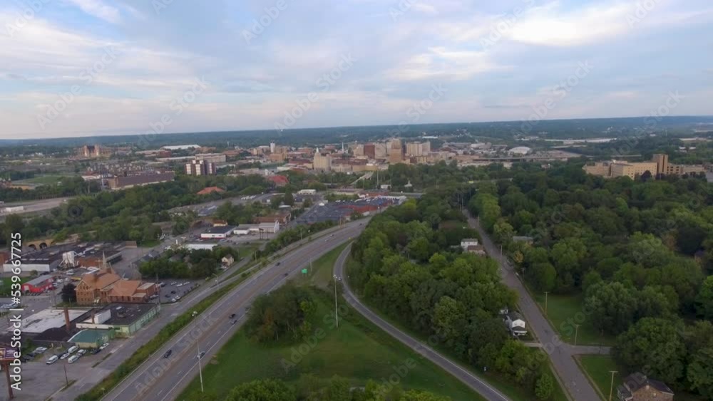 Panning drone shot of Downtown on a summer day in Youngstown Ohio. Panning drone shot of Downtown on a summer day in Youngstown Ohio.