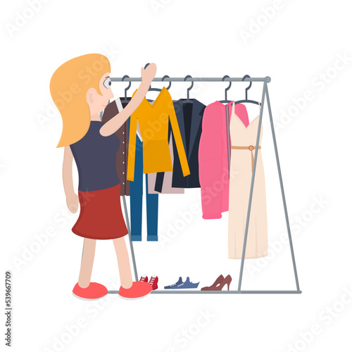 Clothes in the wardrobe. Woman chooses clothes, vector illustration