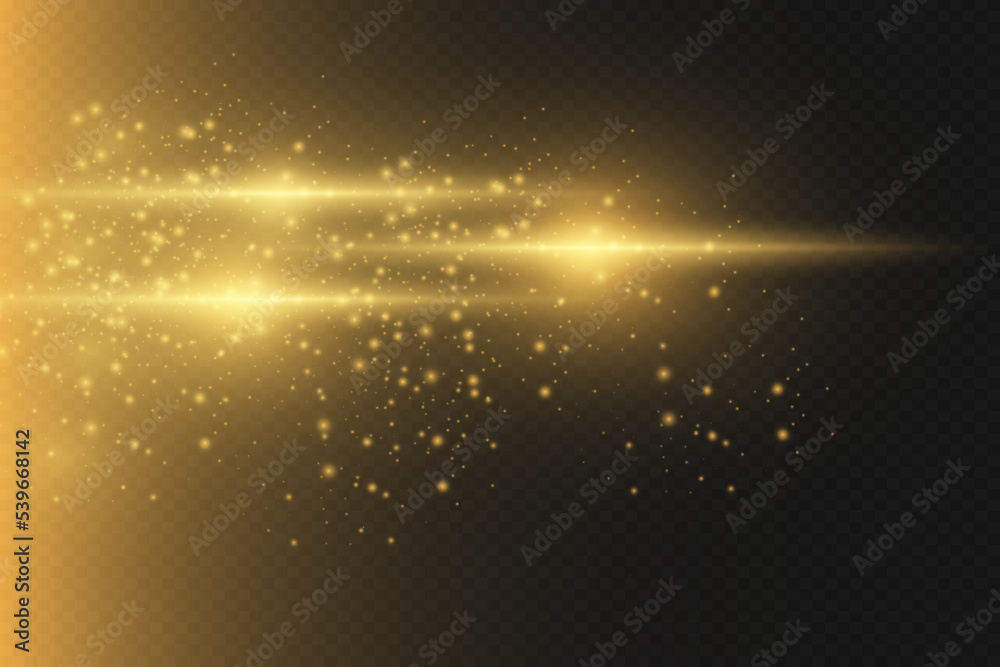 Glow isolated gold transparent effect, lens flare, explosion, glitter, line, sun flash, spark and stars. For illustration template art design, banner for Christmas celebrate, magic flash energy ray