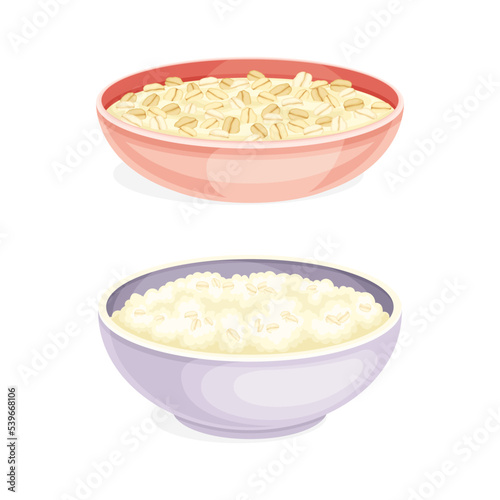 Oatmeal as Whole-grain Food with Rolled Oats in Deep Bowl Vector Set
