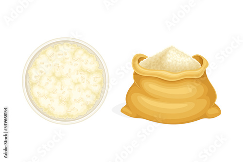 Ground Oatmeal Whole-grain Food Rested in Sack and Bowl Vector Set