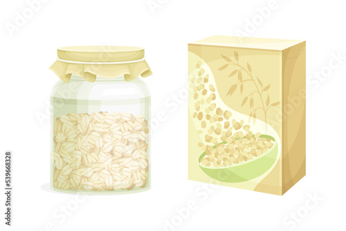 Oatmeal in Carton Package and Glass Jar as Whole-grain Food with Flattened Rolled Oats Vector Set