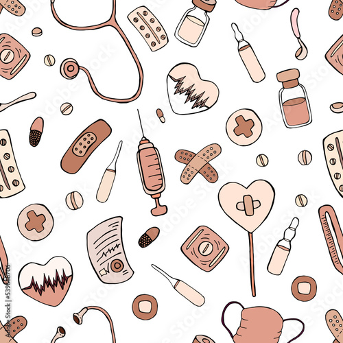 Cartoon colorful pattern with medical objects on a white background in beige style. Medical seamless pattern