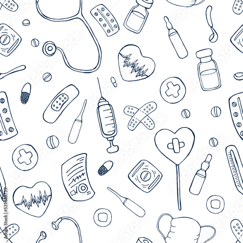 Cartoon pattern with medical objects on a white background. Medical seamless pattern.