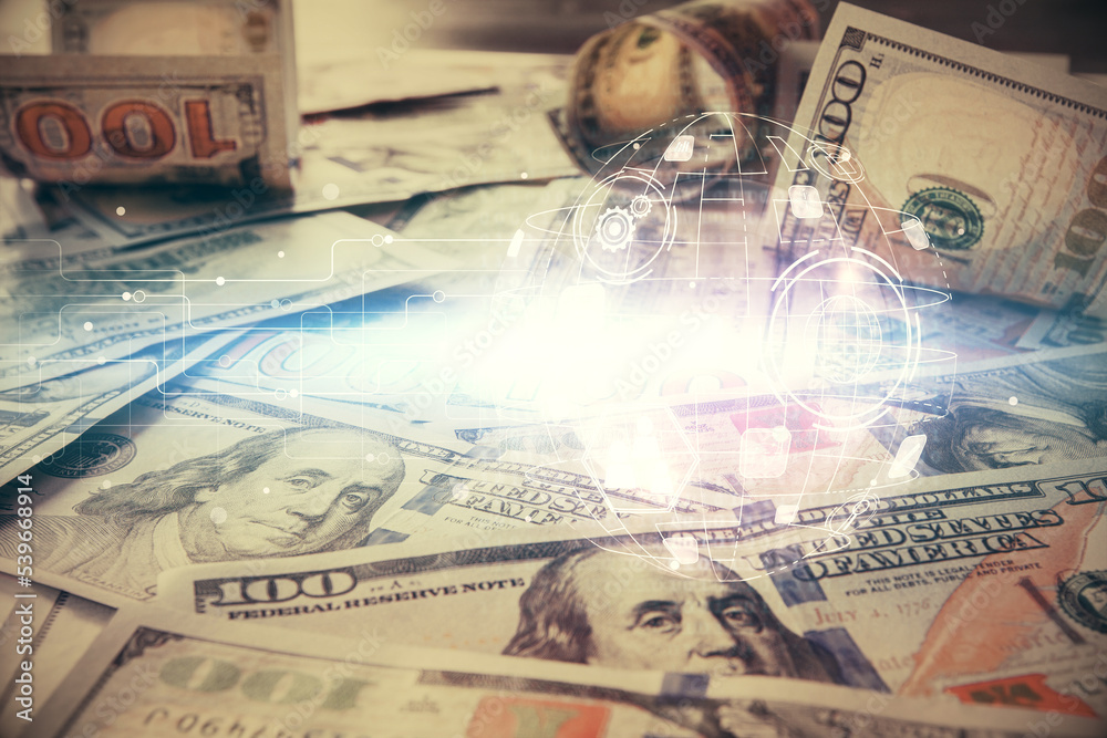 Multi exposure of social network drawing over us dollars bill background. Concept of people connection. Multi exposure of social network drawing over us dollars bill background. Concept of people connection.