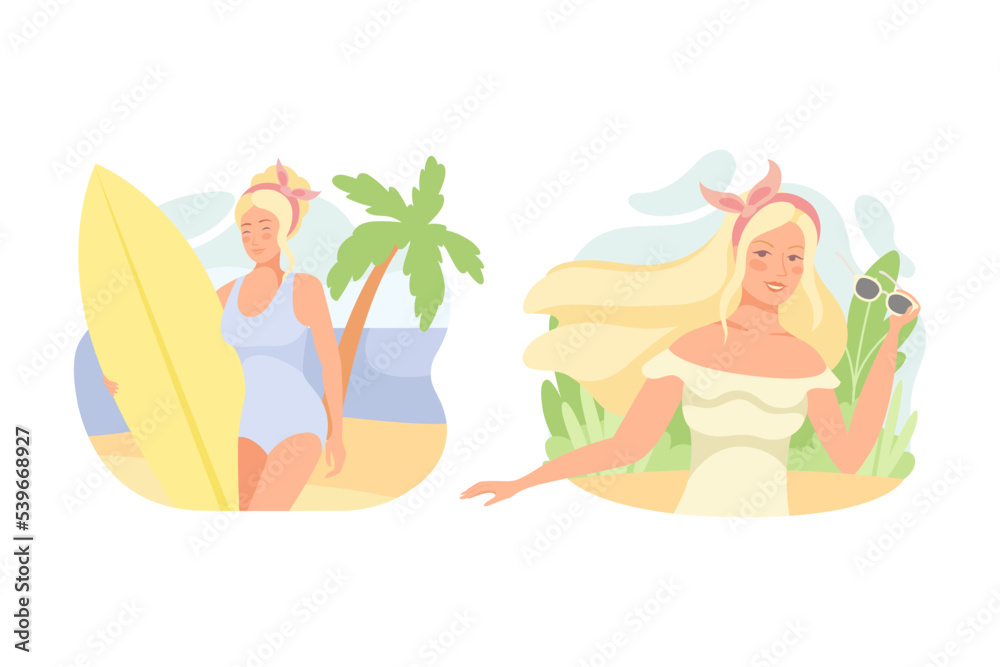 Happy Blond Girl in Light Summer Dress and Swimsuit with Sunglasses and Surfboard Vector Set