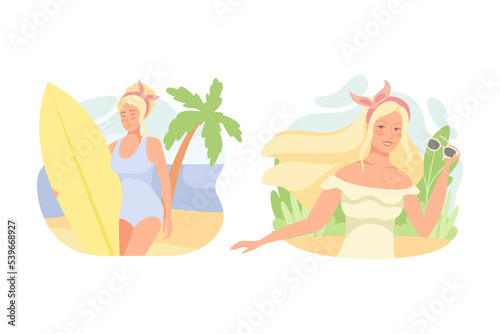 Happy Blond Girl in Light Summer Dress and Swimsuit with Sunglasses and Surfboard Vector Set © Happypictures